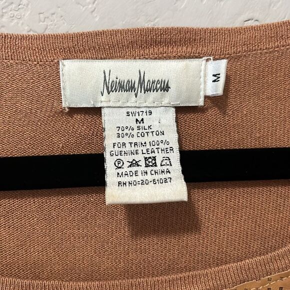 NEIMAN MARCUS Perforated Leather Front and Silk Cognac Long Sleeve Shirt, Size M - Picture 4 of 8